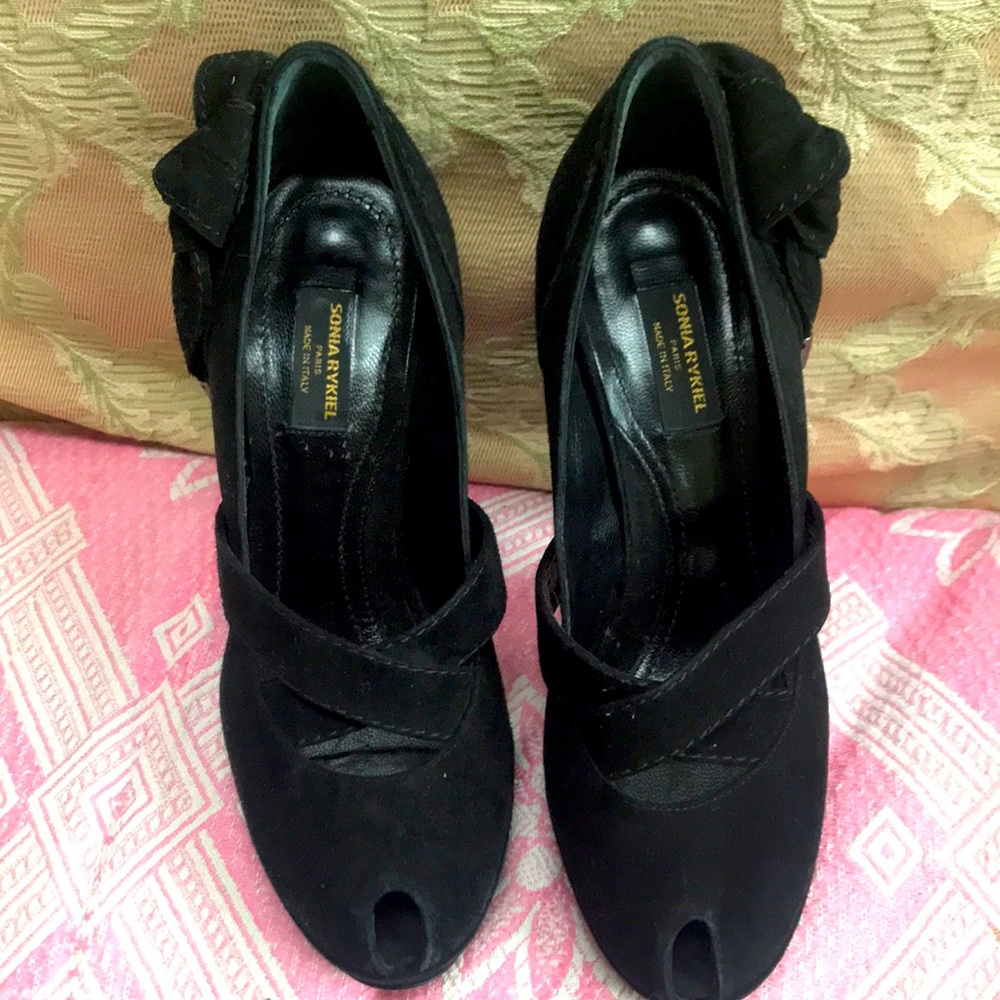 Sonia Rykiel black suede platform peep toed shoes